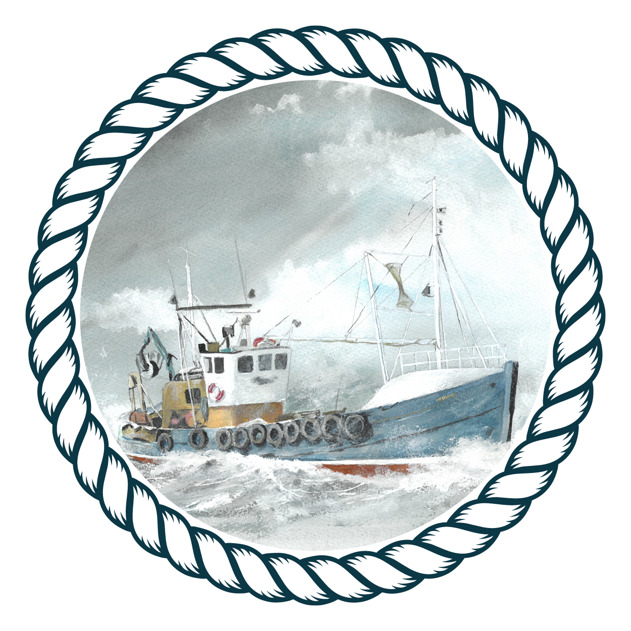 paint effect image of Sulaire Fishing Boat on rough sea waves in rope border