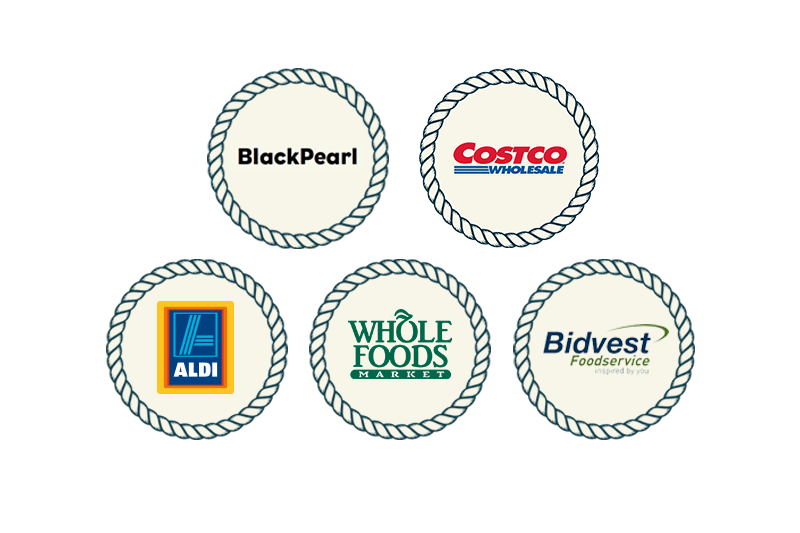 Logos of Sulaire Salmon Retail Partners BlackPearl, Costco, Aldi, Wholefoods, and Bidvest, in rope border