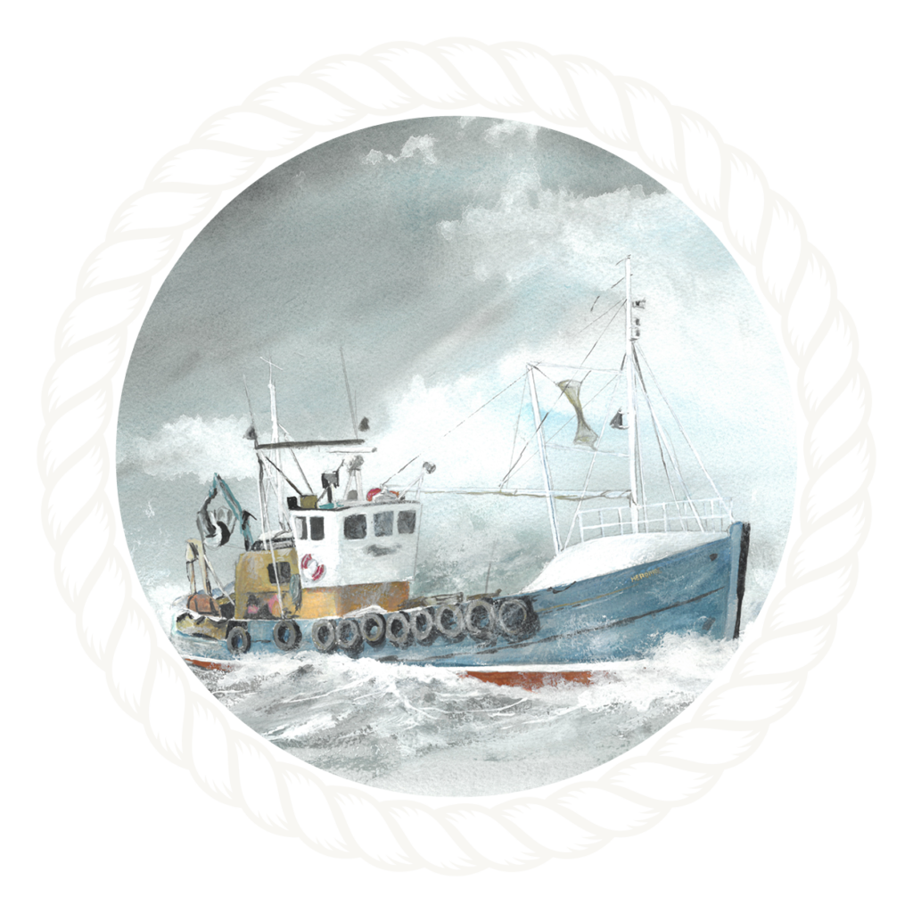 paint effect image of Sulaire Fishing Boat on rough sea waves in rope border